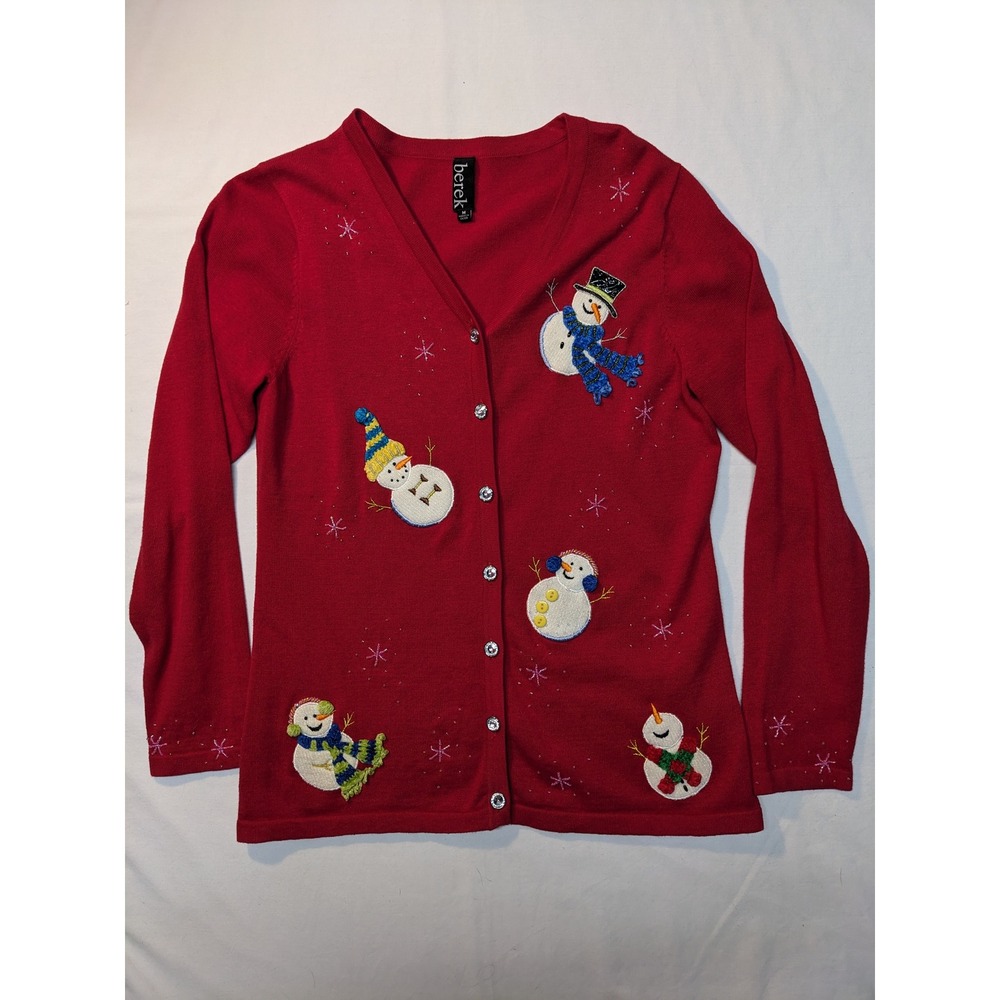 Berek Red Snowman Christmas Holiday Button Up‎ Cardigan Sweater Women's Size M